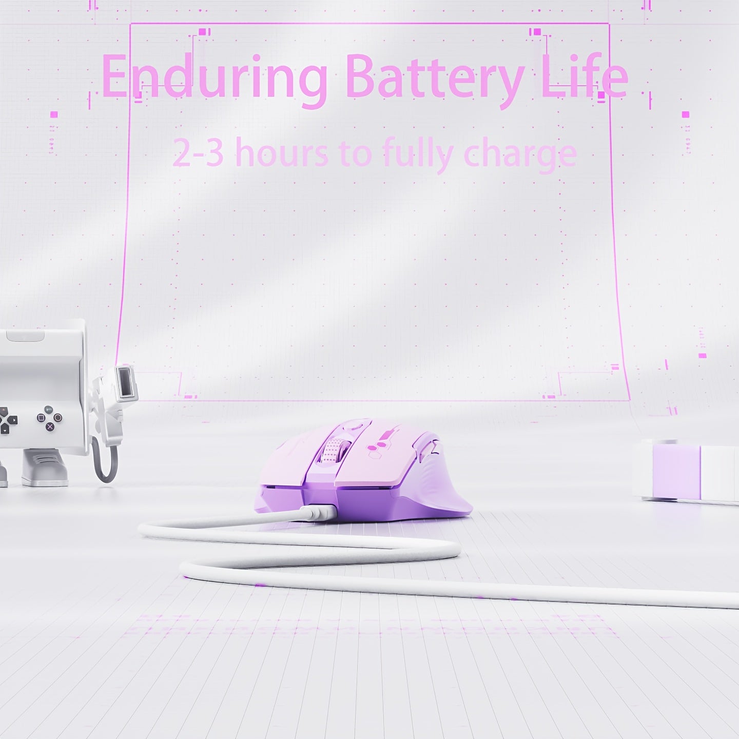 Light purple BT mouse with visible battery indicator, 6 buttons