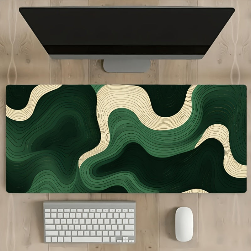 Large Non-Slip Silicone Desk Mat & Keyboard Pad - Green Wave Design with Golden Accents, Durable Rectangular Mouse Pad for Office & Gaming