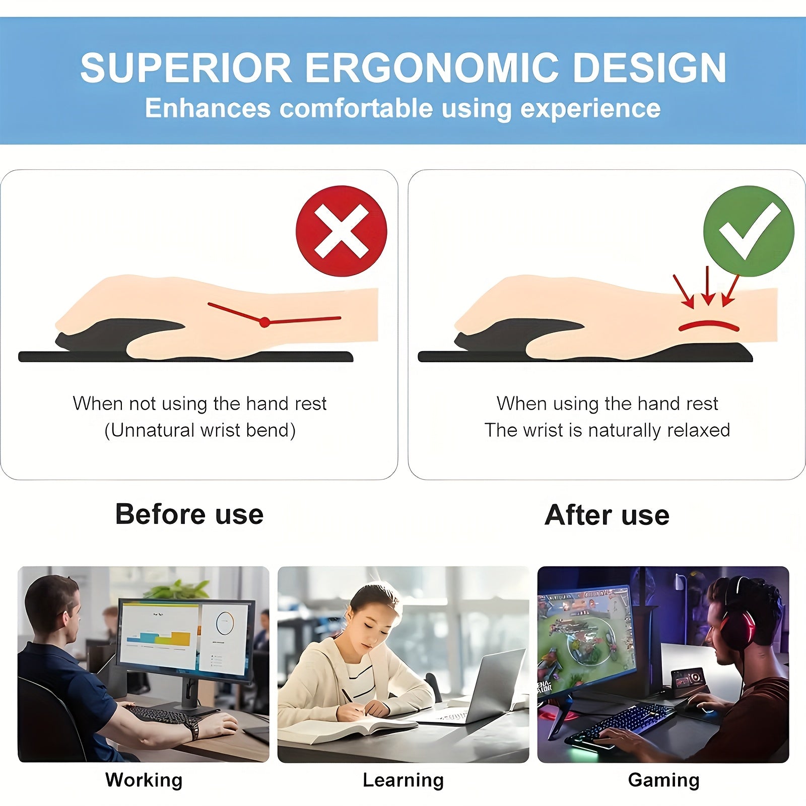 Ergonomic Wrist Mouse Pad - Cute Kawaii Gaming & Office Mat with Non-Slip Base