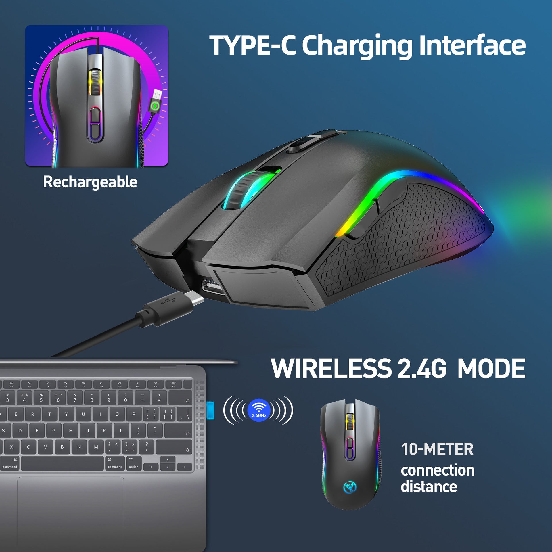 T69 2.4G RGB Luminous Wireless Mouse TYPE-C Rechargeable Interface 7-Button Game Mouse Spot Wholesale