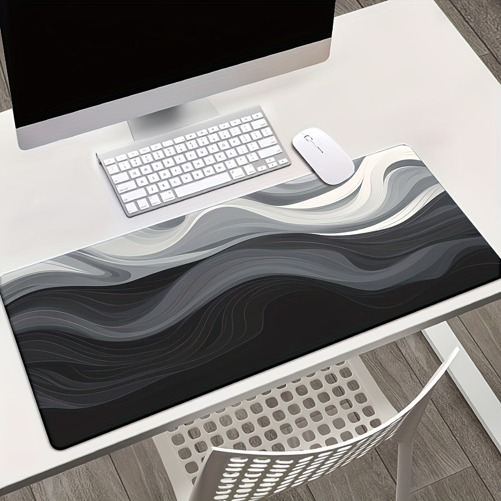 Large Non-Slip Silicone Desk Mat & Keyboard Pad - Green Wave Design with Golden Accents, Durable Rectangular Mouse Pad for Office & Gaming