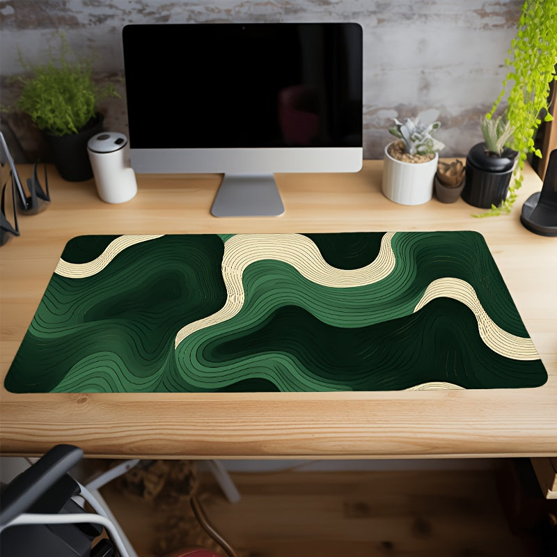 Large Non-Slip Silicone Desk Mat & Keyboard Pad - Green Wave Design with Golden Accents, Durable Rectangular Mouse Pad for Office & Gaming