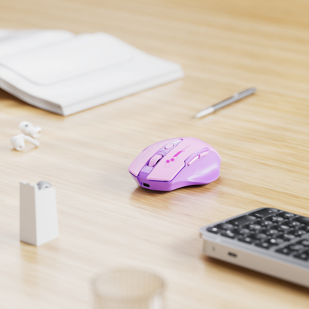 Light purple BT mouse with visible battery indicator, 6 buttons