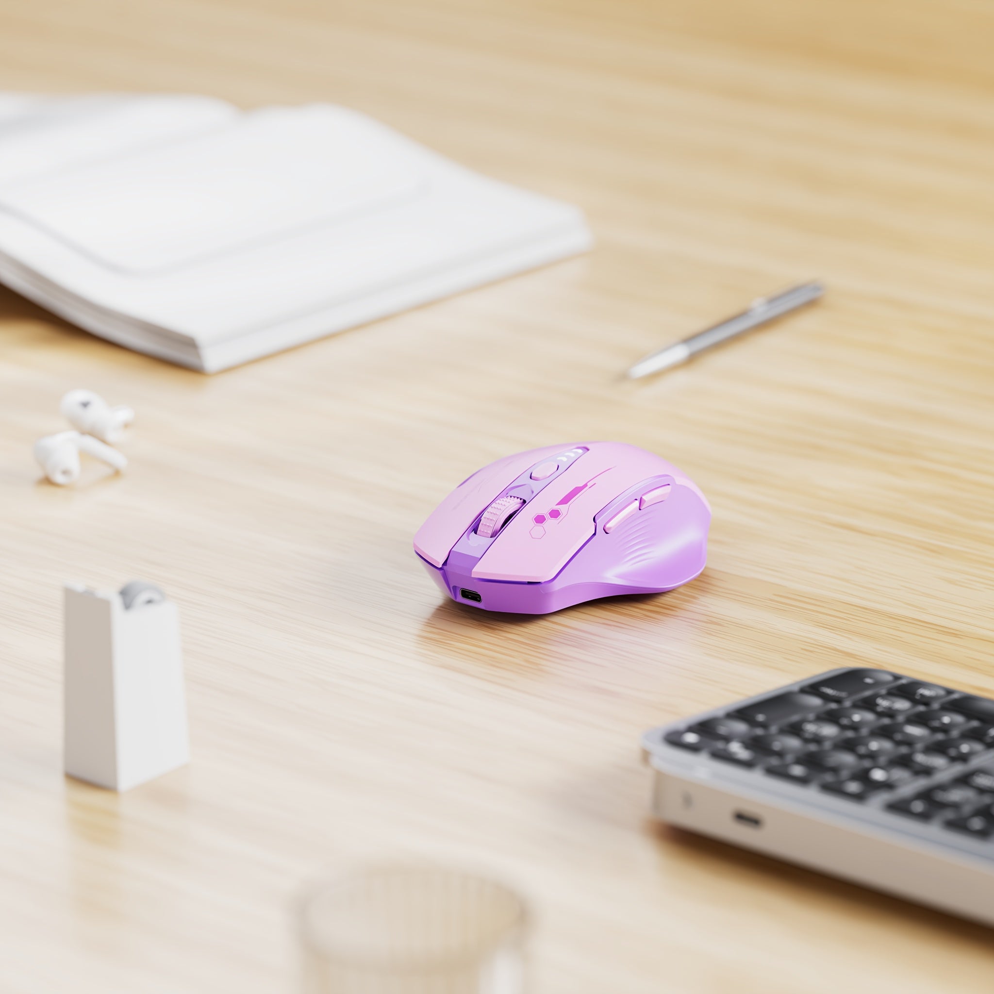Light purple BT mouse with visible battery indicator, 6 buttons