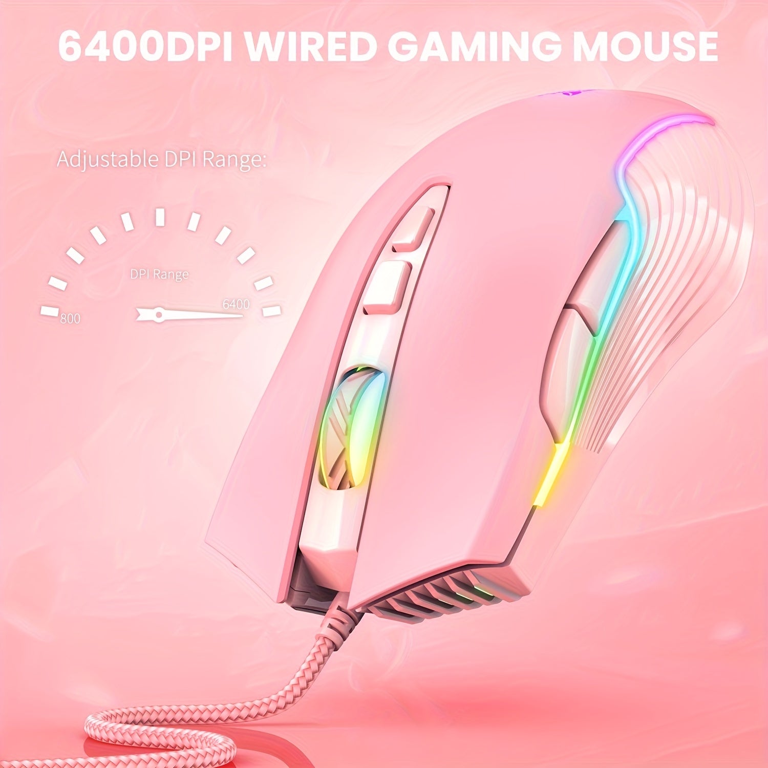 ONIKUMA CW905 Wired Colorful Mouse: 7 Light Effects + 6 DPI, Pink E-Sports Equipment for Office and Gaming