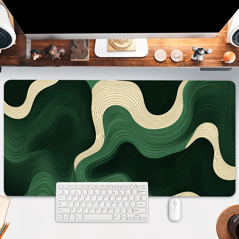 Large Non-Slip Silicone Desk Mat & Keyboard Pad - Green Wave Design with Golden Accents, Durable Rectangular Mouse Pad for Office & Gaming