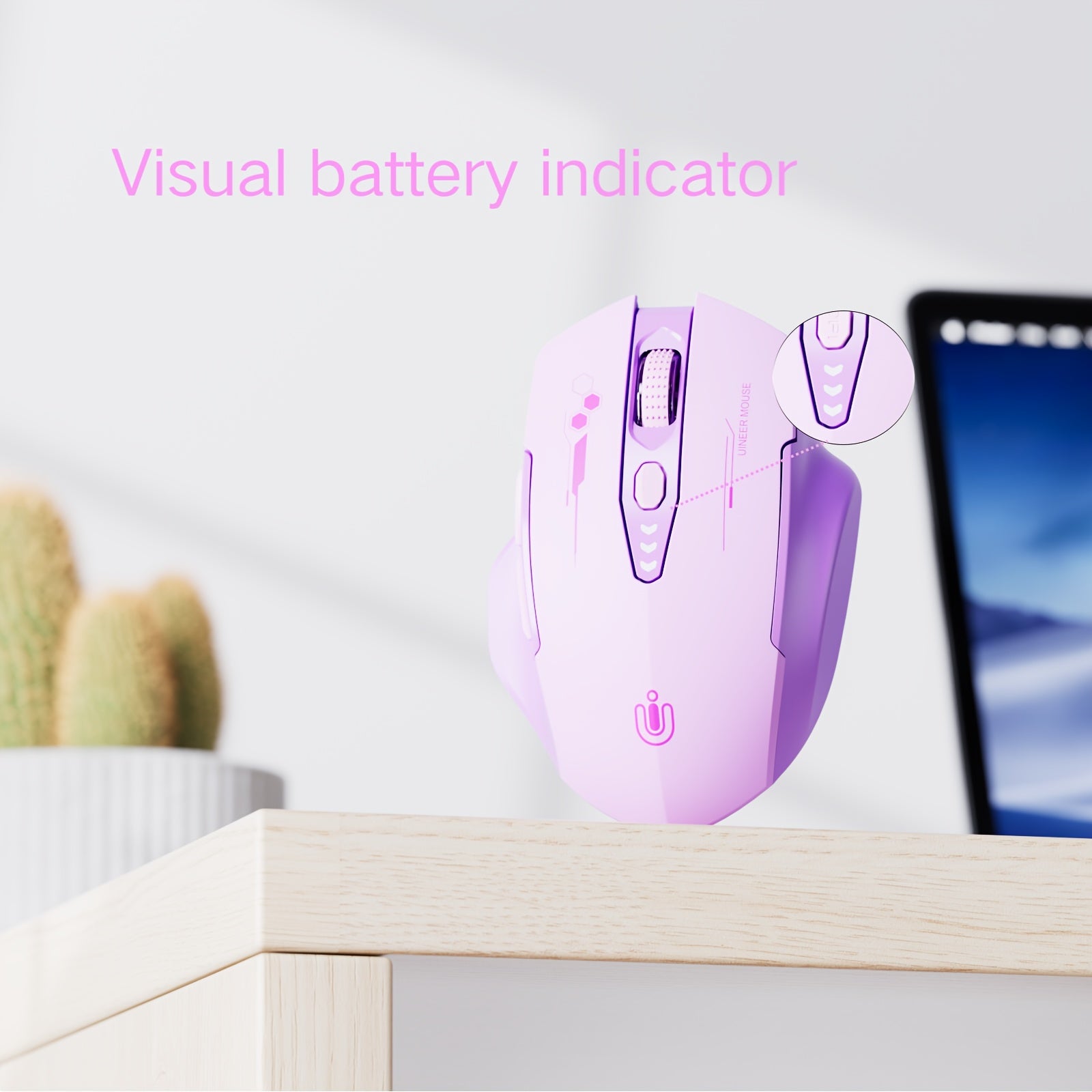 Light purple BT mouse with visible battery indicator, 6 buttons