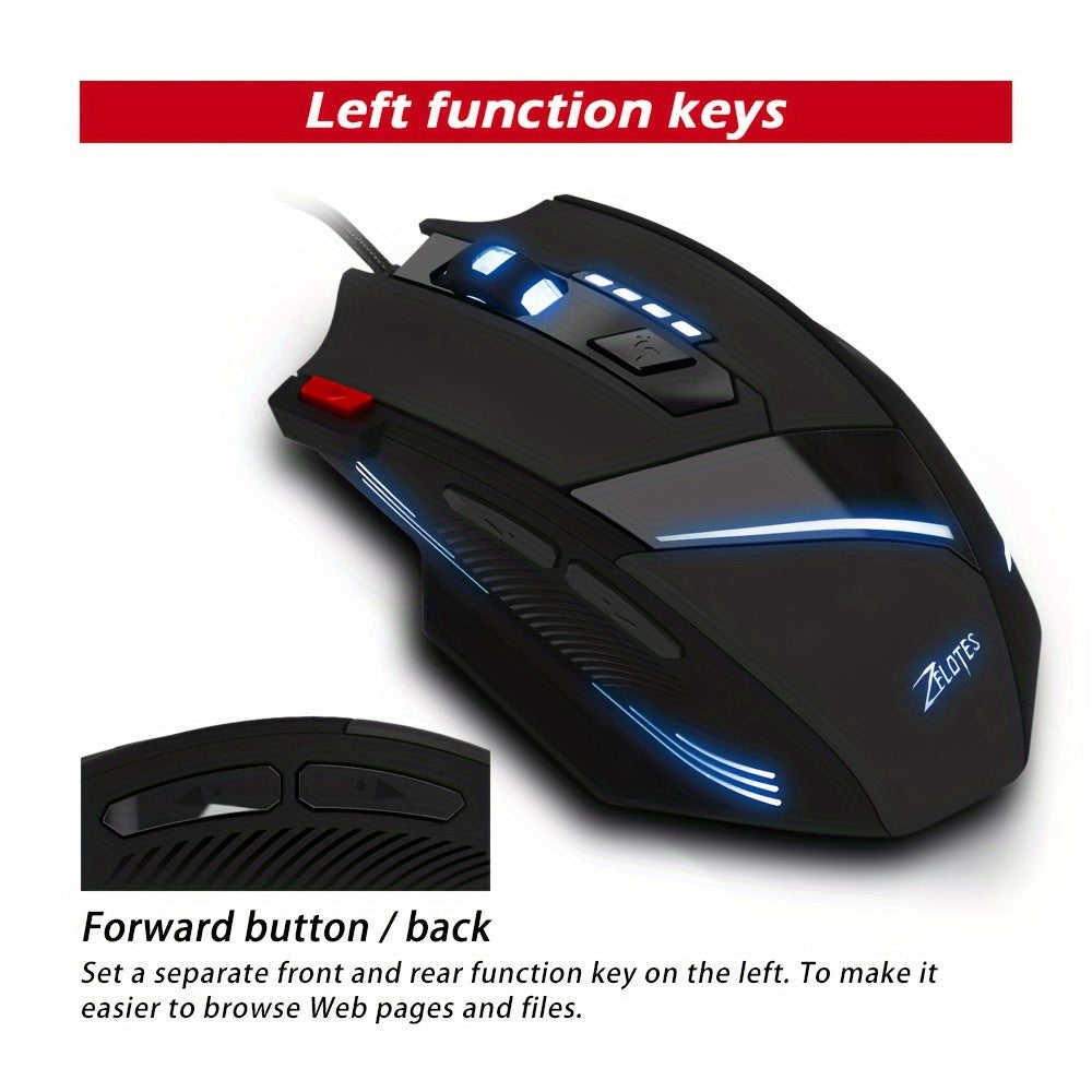 Wired Gaming Mouse Optical Adjustable USB Computer Programmable LED Backlight Mice 7 Buttons Gaming for PC Laptop Gamer Zelotes T-60