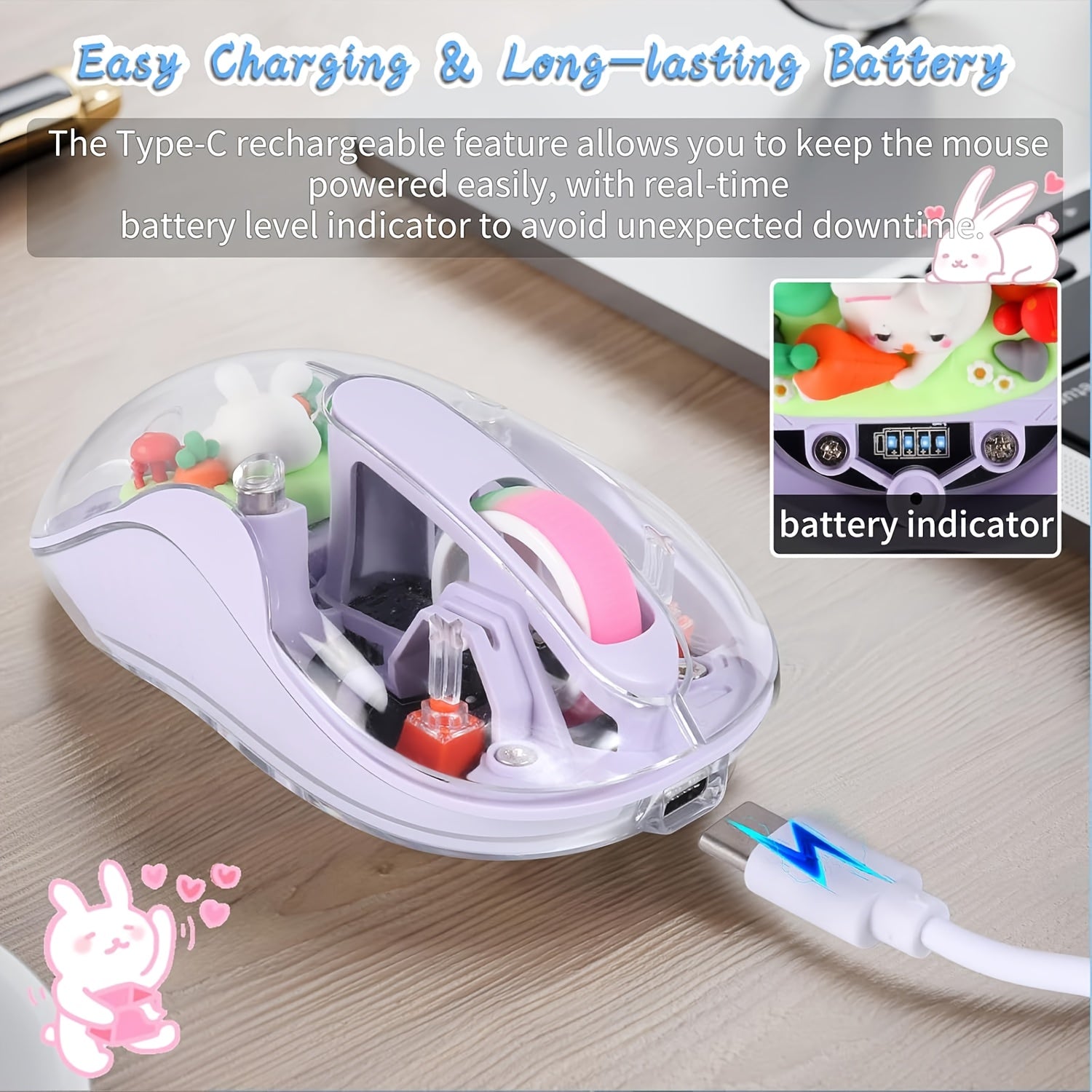 Cute Wireless USB C Mouse - Bluetooth Triple Mode Rechargeable Cartoon Mouse for Laptops