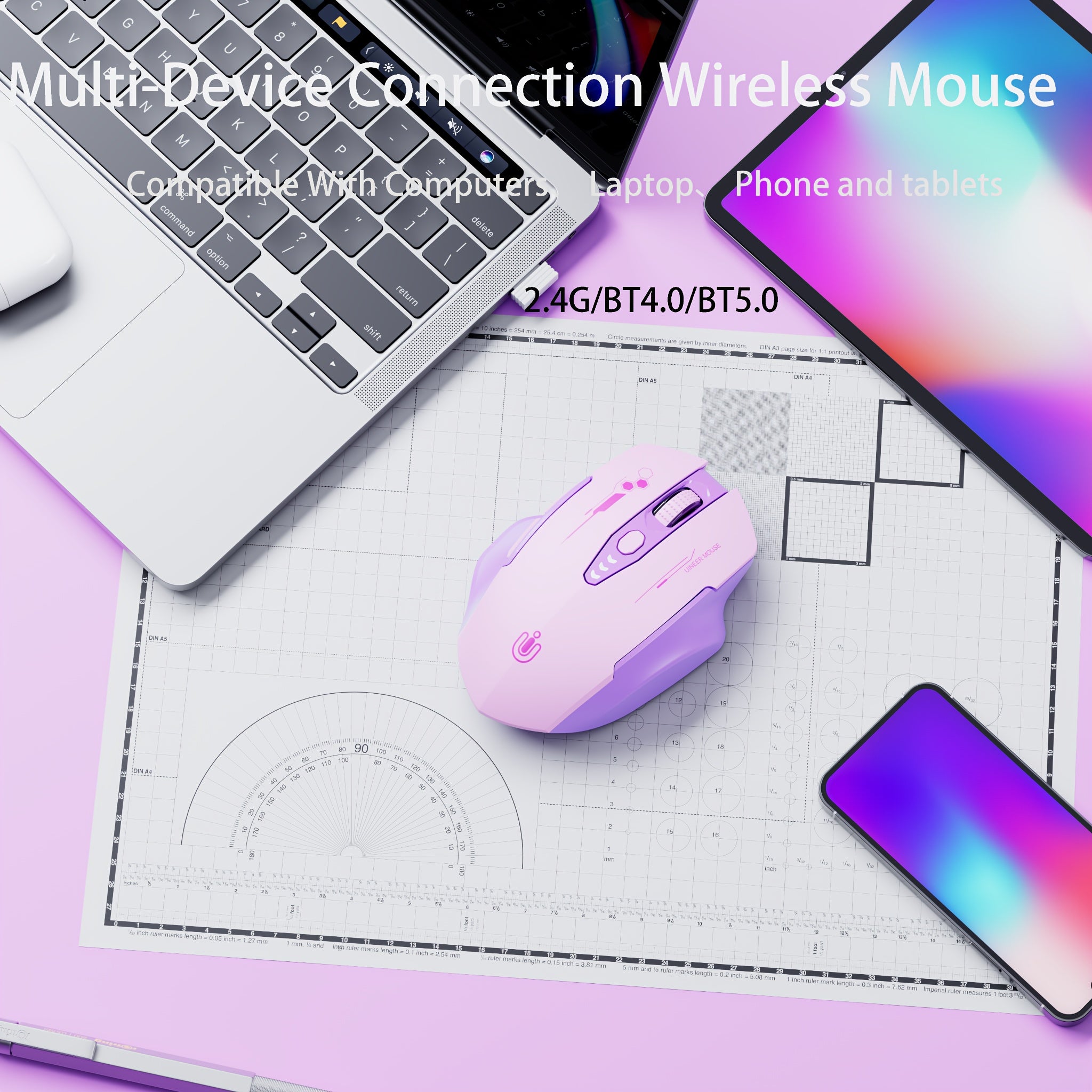 Light purple BT mouse with visible battery indicator, 6 buttons