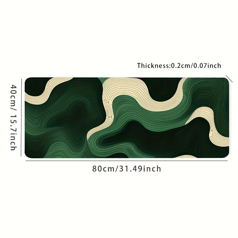 Large Non-Slip Silicone Desk Mat & Keyboard Pad - Green Wave Design with Golden Accents, Durable Rectangular Mouse Pad for Office & Gaming