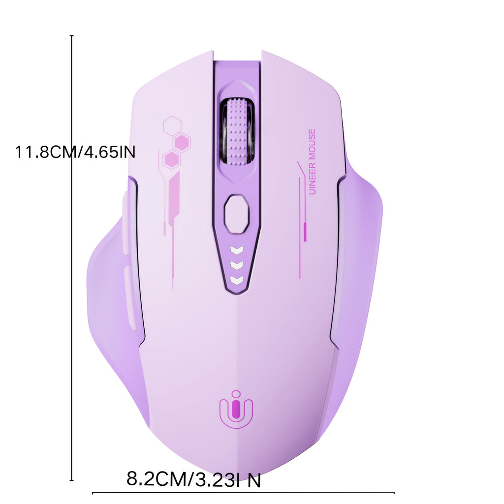 Light purple BT mouse with visible battery indicator, 6 buttons