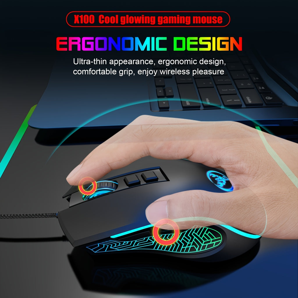 HXSJ New USB Wired Mouse with Colorful Backlight, 7 Buttons, Optical Tracking, Plug-and-Play, Suitable for Home, Office and Gaming - Model X100