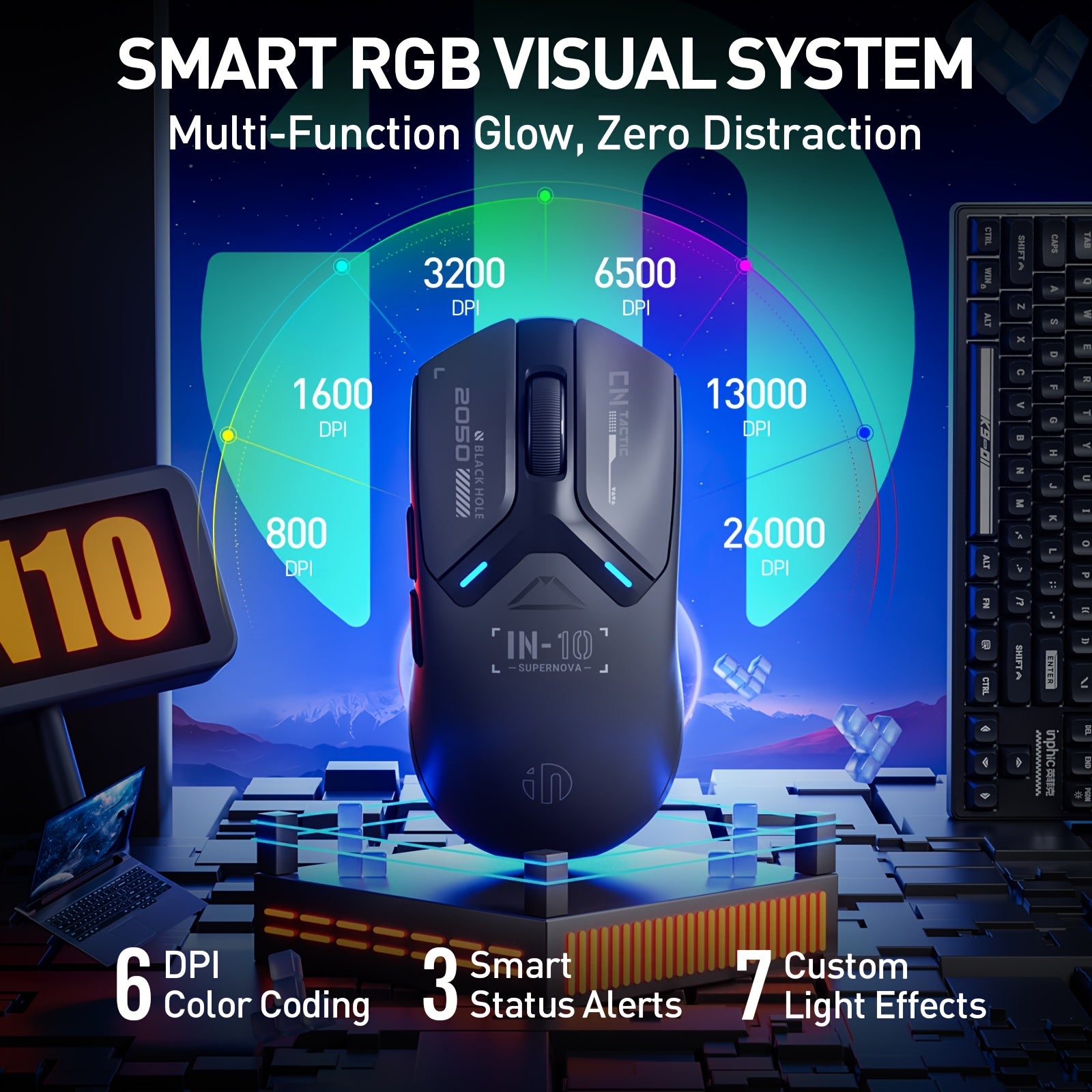 INPHIC IN10P Triple Mode Wireless Gaming Mouse with 3395 Sensor, 8K Polling Rate