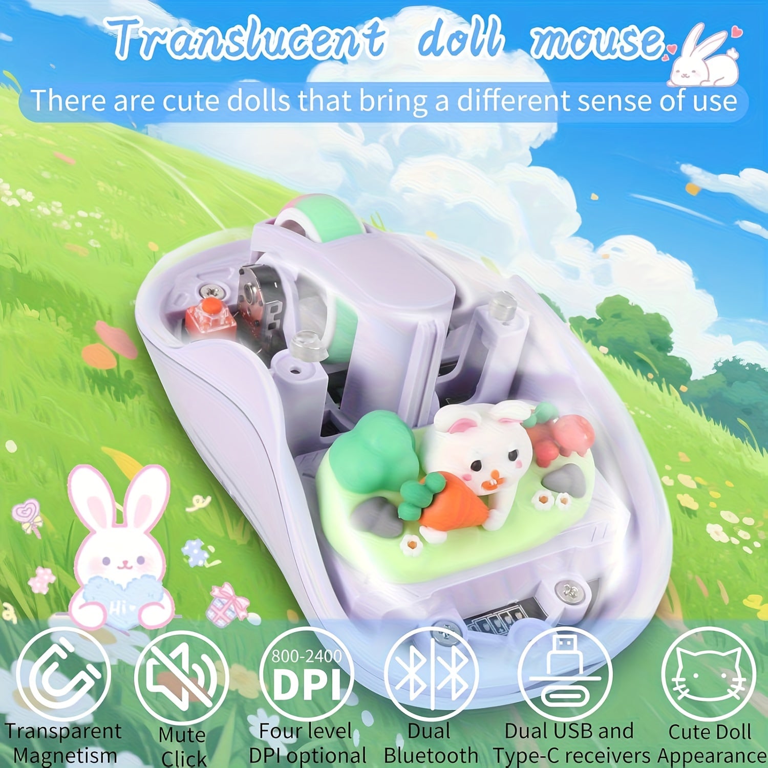 Cute Wireless USB C Mouse - Bluetooth Triple Mode Rechargeable Cartoon Mouse for Laptops