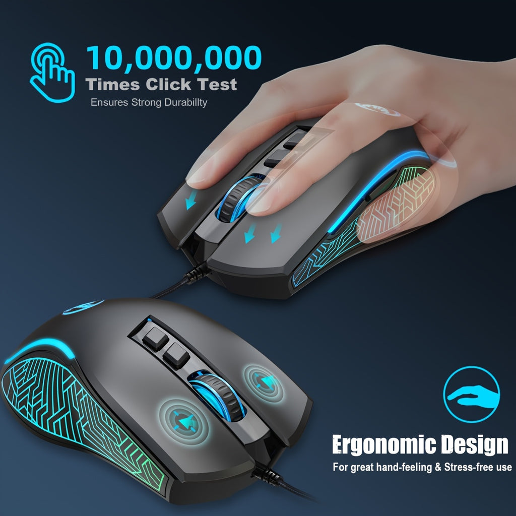 HXSJ New USB Wired Mouse with Colorful Backlight, 7 Buttons, Optical Tracking, Plug-and-Play, Suitable for Home, Office and Gaming - Model X100