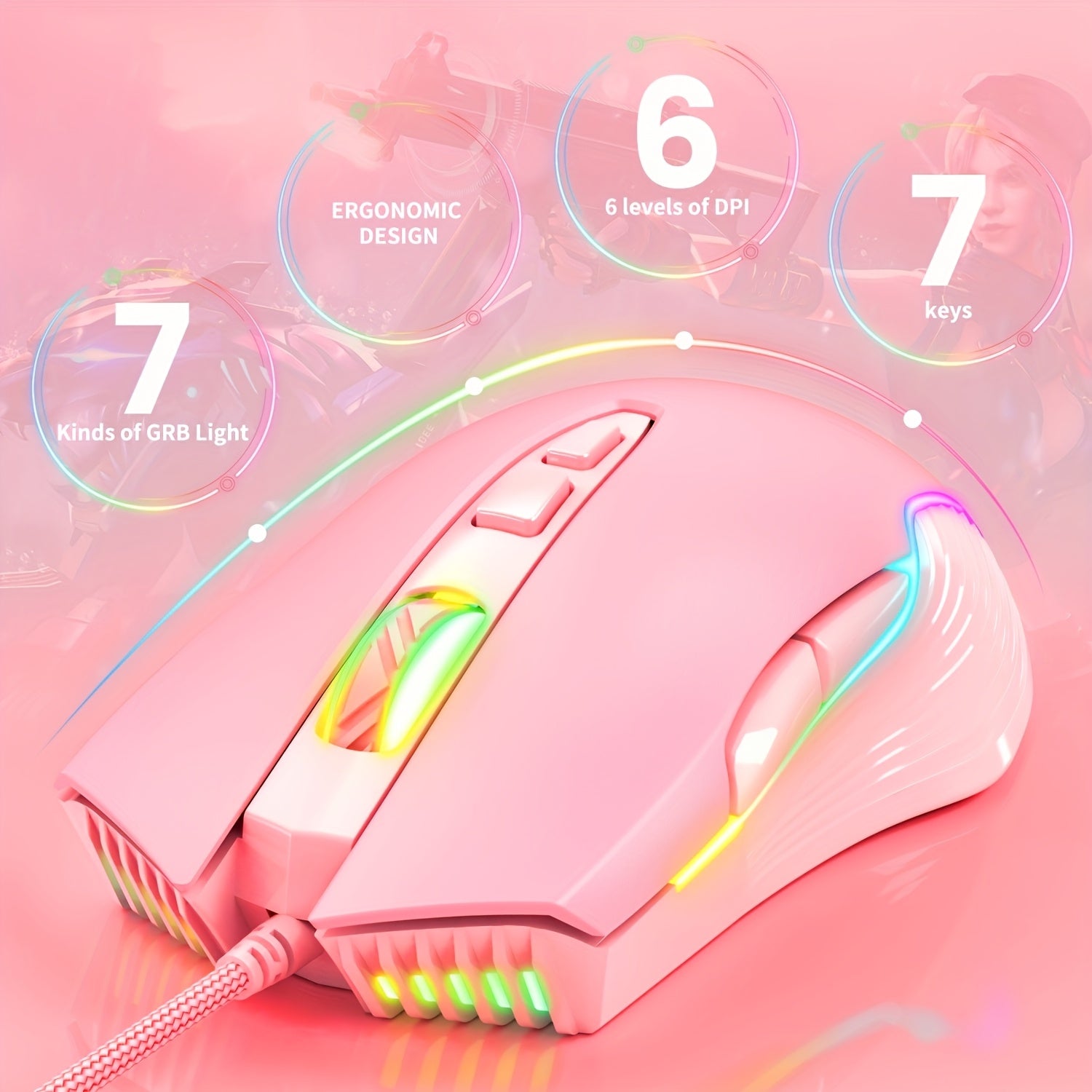 ONIKUMA CW905 Wired Colorful Mouse: 7 Light Effects + 6 DPI, Pink E-Sports Equipment for Office and Gaming