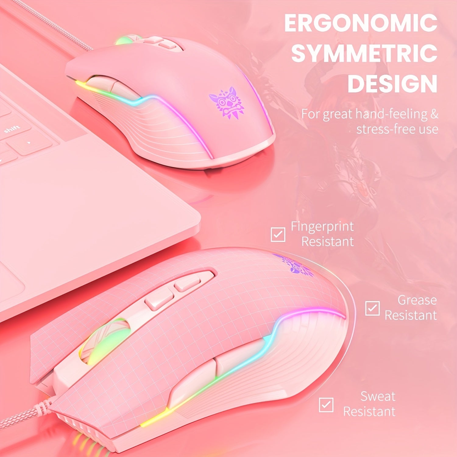 ONIKUMA CW905 Wired Colorful Mouse: 7 Light Effects + 6 DPI, Pink E-Sports Equipment for Office and Gaming